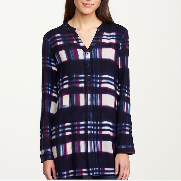Nine West Abstract Plaid Tunic Top | Long Sleeve V-Neck with Stud Detail | Sz M - Picture 1 of 9